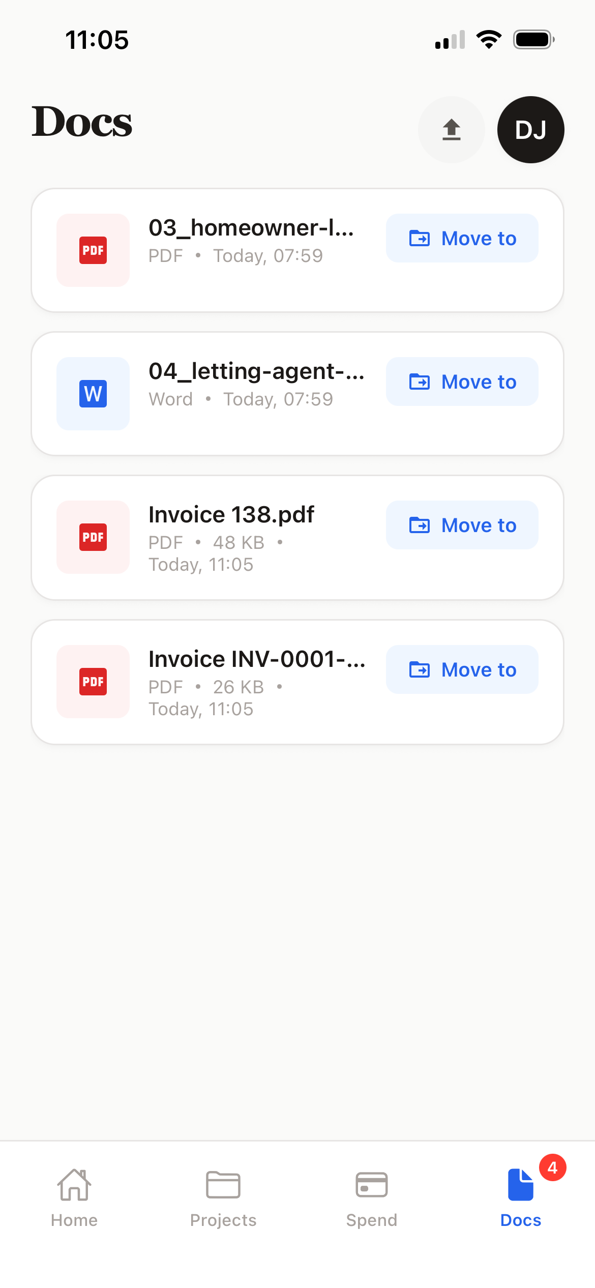 Docs tab — four documents in the inbox including PDFs and a Word doc, each with a Move to action to route them to the right project