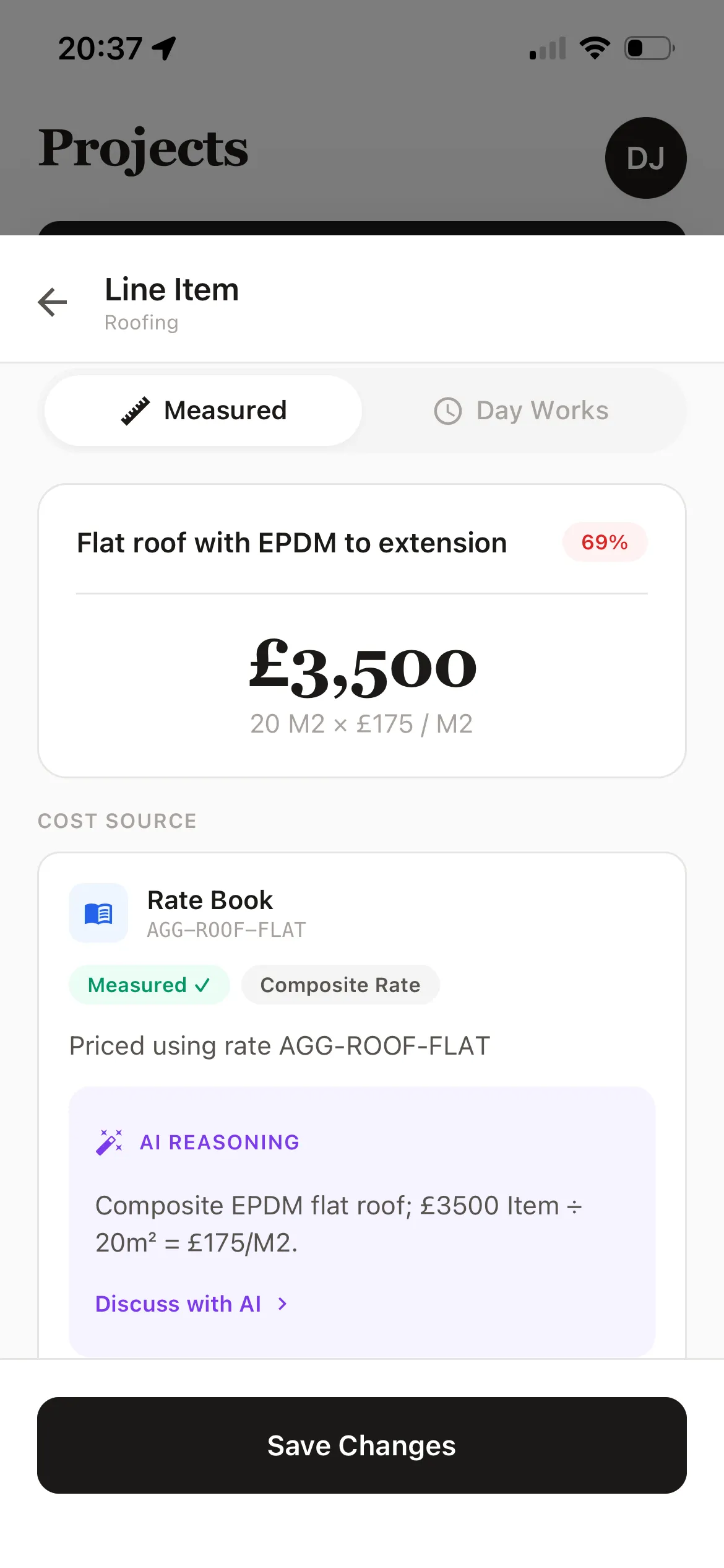 Line Item detail — Flat roof with EPDM, £3,500 (20m² × £175), priced from the rate book with the AI reasoning shown.