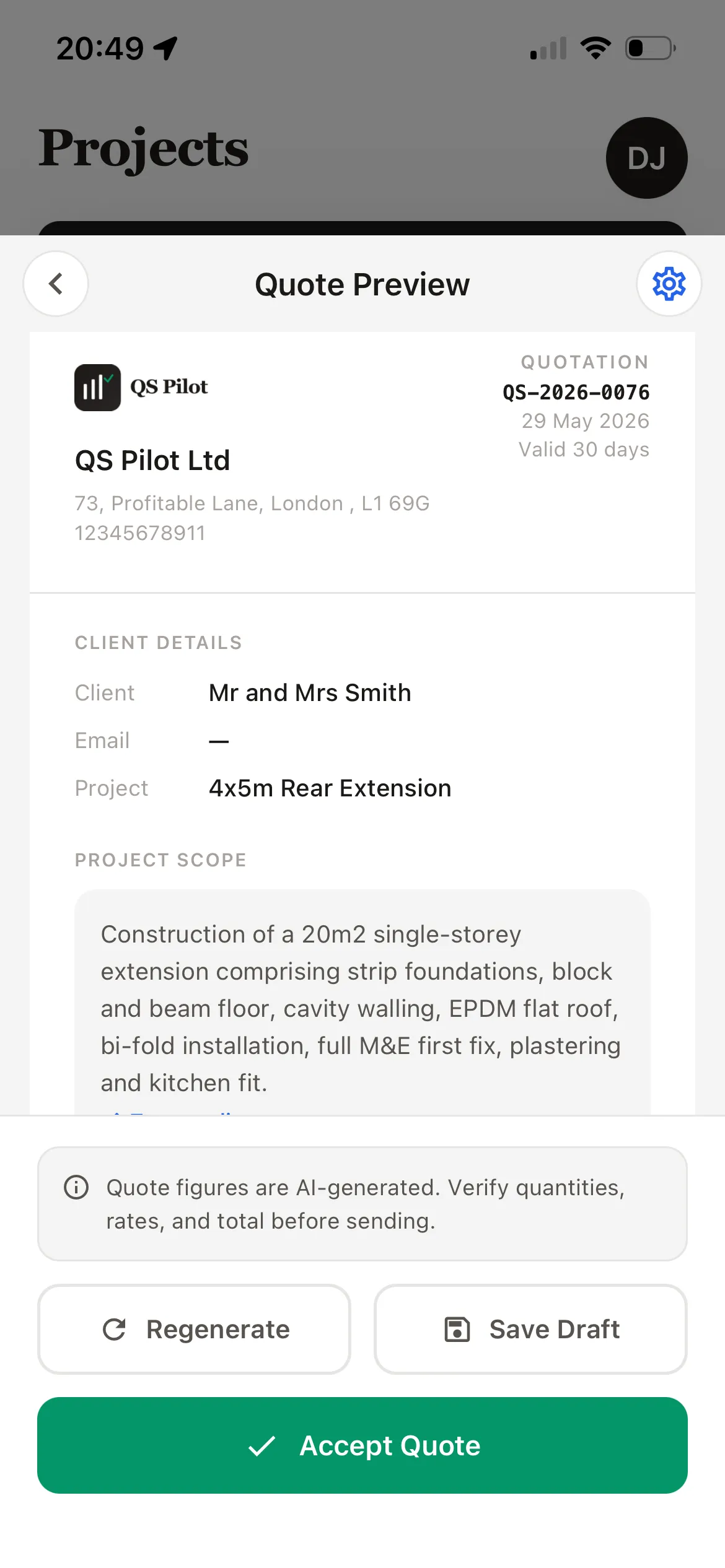 Quote Preview — branded QS Pilot Ltd quotation (QS-2026-0076) for a 4×5m rear extension, with client details and project scope.